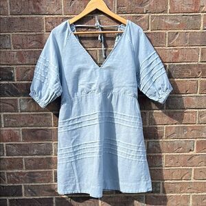 7 for All Mankind Blue Puff V-Neck Dress Cotton Coastal Boho Quiet Luxury Beachy